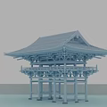 Ancient Architectural Structure with Curved Eaves Standing Over Water and Reflection Under Sky 3d model