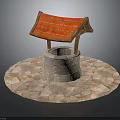 Stone Well Structure With Red Tiled Roof And Circular Stone Pavement