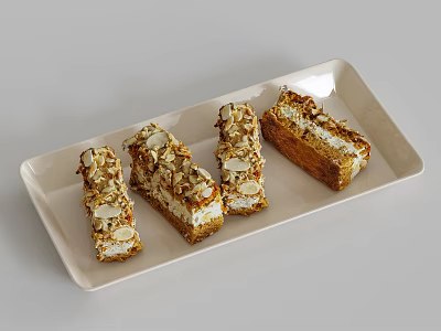 Four Layered Pastries With Almond Slices And Cream Filling On White Tray 3d model