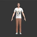 Man Wearing White T-shirt With Print And Red White Plaid Pants And White Shoes