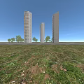 Tall High Rise Residential Buildings With Modern Design Surrounded By Green Trees Against Blue Sky