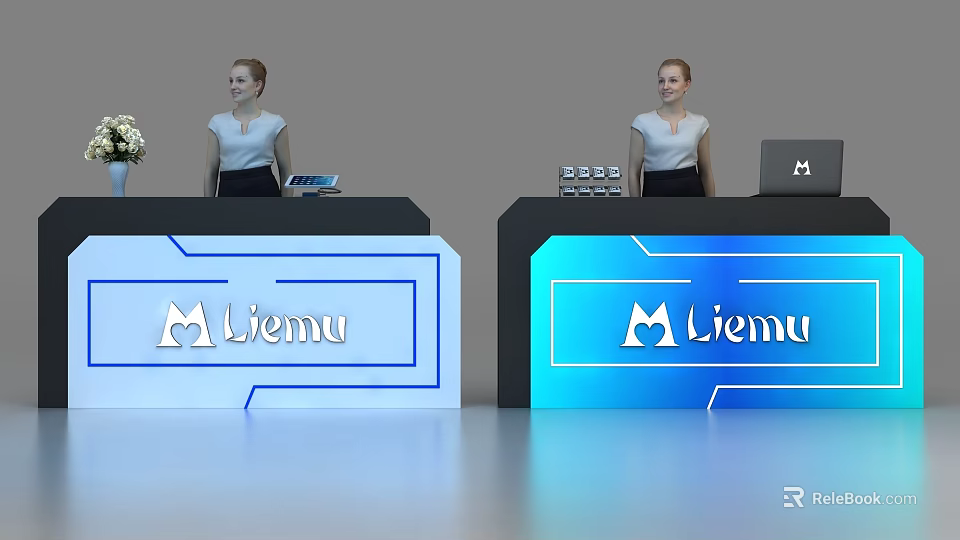 Modern Illuminated Liemu Reception Desk With Staff Laptop And Brand Logo 3d model 