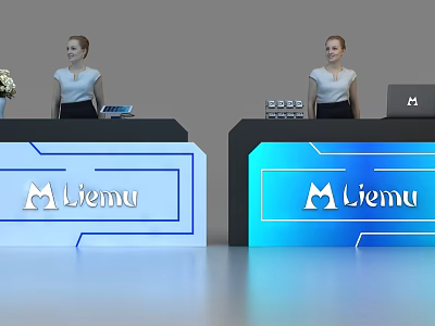 Modern Illuminated Liemu Reception Desk With Staff Laptop And Brand Logo 3d model