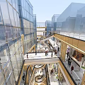 Shopping Mall Lobby Modern Design Spacious Bright Interior With Golden Railings Glass Walls and Escalators