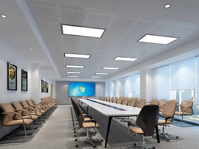 Modern Conference Room Interior With Long Table Comfortable Chairs Decorative Paintings And Large Windows 3d model