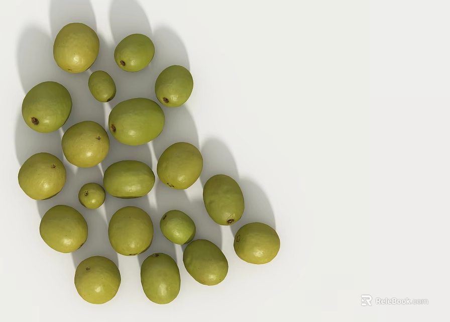 Fresh Green Olives Scattered on a White Background in Natural Light 3d model 