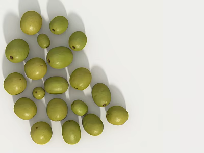 Fresh Green Olives Scattered on a White Background in Natural Light 3d model Fresh Green Olives Scattered on a White Background in Natural Light 3d model