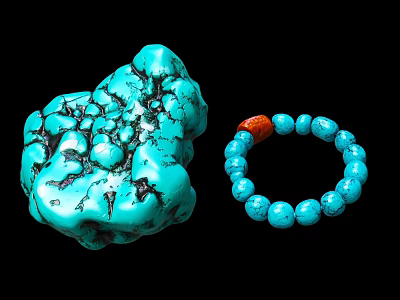 Blue Turquoise Stone and Red Wooden Beaded Bracelet with Round Beads 3d model