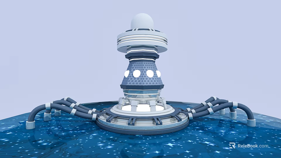 Futuristic Sci Fi Tower Structure With Spherical Top And Mechanical Arms On Water Surface 3d model