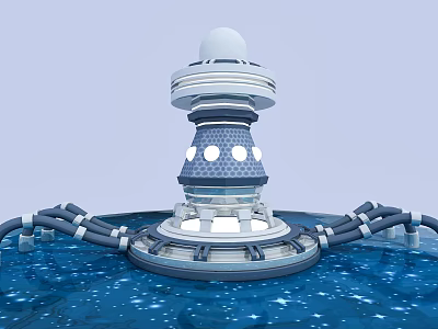 Futuristic Sci Fi Tower Structure With Spherical Top And Mechanical Arms On Water Surface 3d model