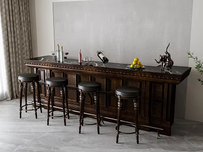 Wooden Bar Counter With Black Bar Stools Wine Bottles Glasses Lemons And Decorative Sculpture 3d model