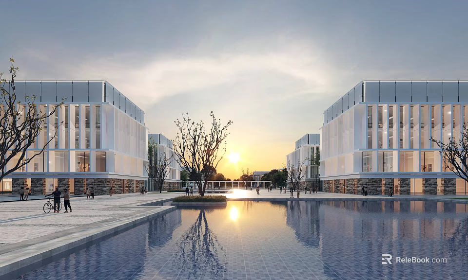 Modern School Campus Architecture With Symmetric Buildings Water Pool Sunset Reflection And Trees 3d model 