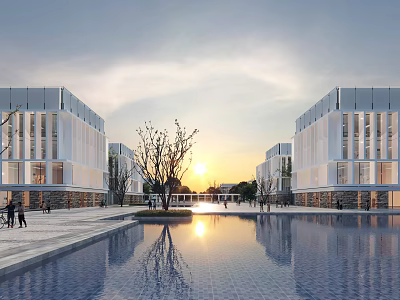 Modern School Campus Architecture With Symmetric Buildings Water Pool Sunset Reflection And Trees 3d model