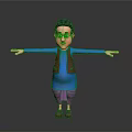 3D Character With Black Curly Hair Glasses Blue Top Purple Pants Brown Shoes Arms Outstretched