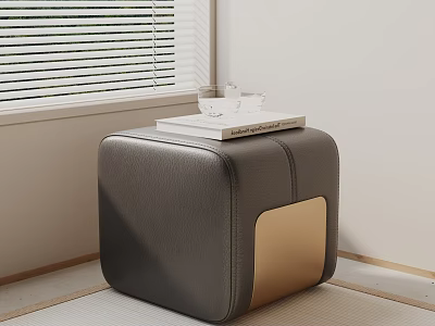 Modern Square Leather Ottoman with Gray and Gold Accents in Minimalist Room 3d model