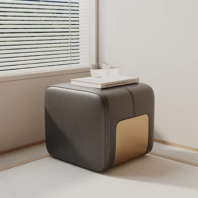 Modern Square Leather Ottoman with Gray and Gold Accents in Minimalist Room 3d model