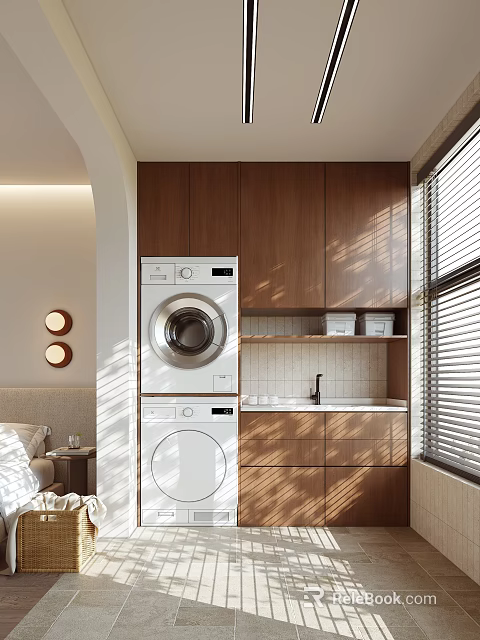 Modern Home Balcony With Washer Dryer Wooden Cabinets Sink Blinds And Sunlight 3d model 