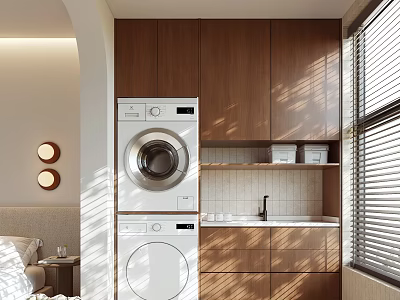 Modern Home Balcony With Washer Dryer Wooden Cabinets Sink Blinds And Sunlight 3d model