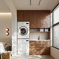 Modern Home Balcony With Washer Dryer Wooden Cabinets Sink Blinds And Sunlight