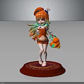 Colorful Anime Girl Character With Orange Green Hair Holding Fish Creature On Red Base