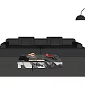 Modern Black Leather Modular Sofa and Coffee Table Set with Marble Top and Floor Lamp