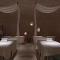 Relaxing SPA Sauna Interior With Massage Beds Soft Lighting And Canopies