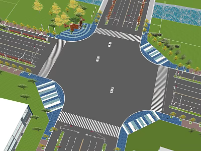 Municipal Road Intersection With Traffic Markings Landscape Design Sidewalks And Street Lights 3d model