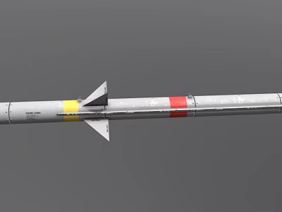 Military Missile Weapon System With Yellow Red Stripes And Rear Tail Fins 3d model