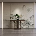 Wooden Console Table With Landscape Mural And Green Plant In Entryway Interior Design