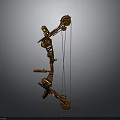 Golden Mechanical Crossbow With Intricate Gear Structure And Metallic Red Accents