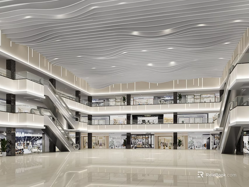 Spacious Modern Shopping Mall Atrium With White Wavy Ceiling Multiple Floors And Escalators 3d model 