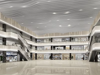 Spacious Modern Shopping Mall Atrium With White Wavy Ceiling Multiple Floors And Escalators 3d model