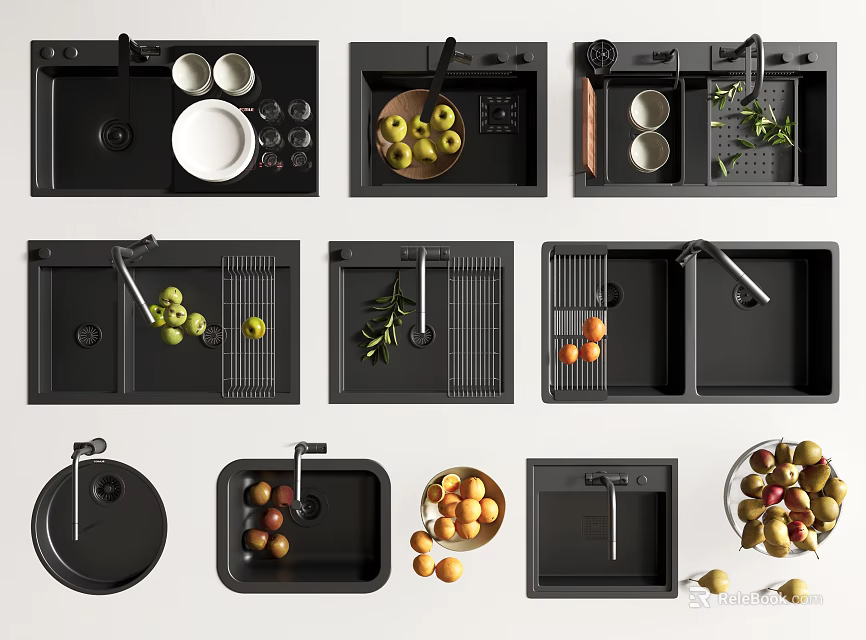 Black Kitchen Sinks With Fruits Vegetables In Various Styles Design 3d model