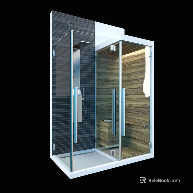 Modern Shower Enclosure With Glass Doors Black Tile Walls And Wooden Panels 3d model 