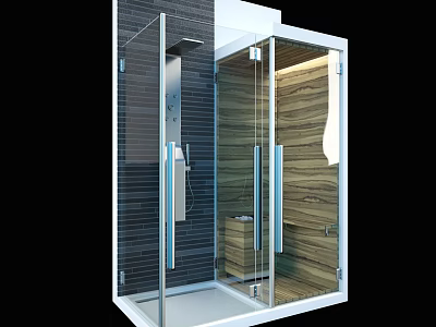 Modern Shower Enclosure With Glass Doors Black Tile Walls And Wooden Panels 3d model