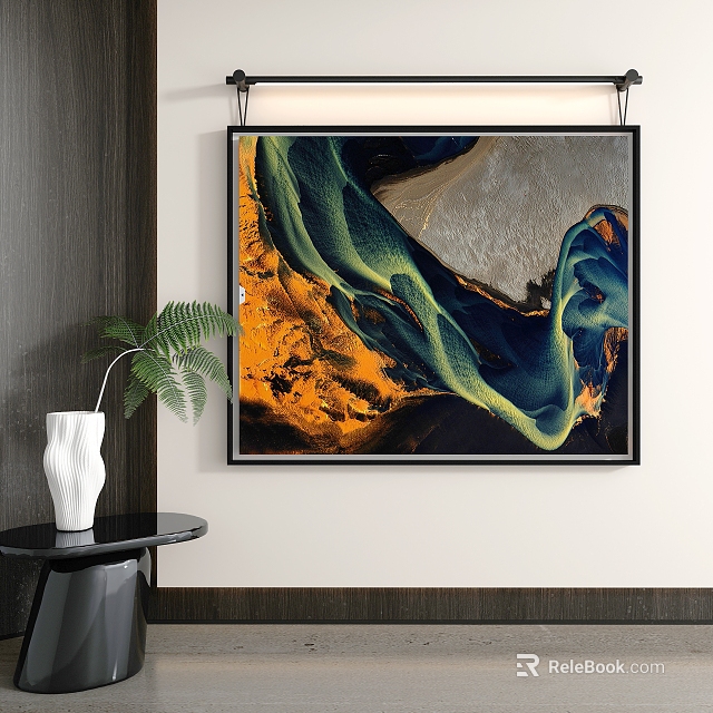 Vibrant Abstract Painting With Swirling Blue Green Orange Hues And Fluid Art Patterns In Modern Interior 3d model 