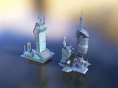 Industrial Tower Structures 3D Model With Metal Design Antennas And Platform Details 3d model