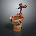 Old Rusty Toilet With Red Stains And Rusty Faucet Structure