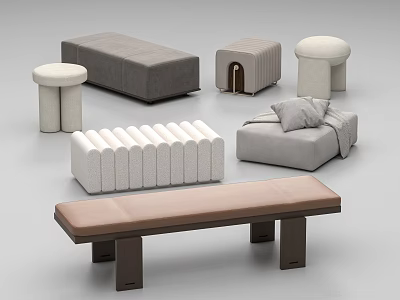 Modern Ottoman Collection With Fabric Leather Upholstery And Neutral Tones In Various Shapes 3d model