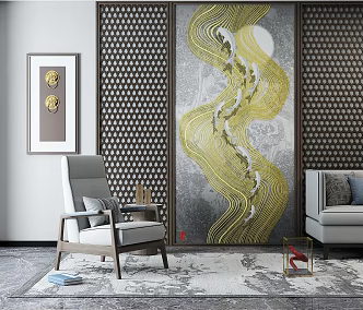 New Chinese Style Single Sofa Coffee Table Sofa Background Painting Combination 3d model