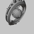 Futuristic Mechanical Device with Circular Metal Frame Central Sphere and Blue Accents