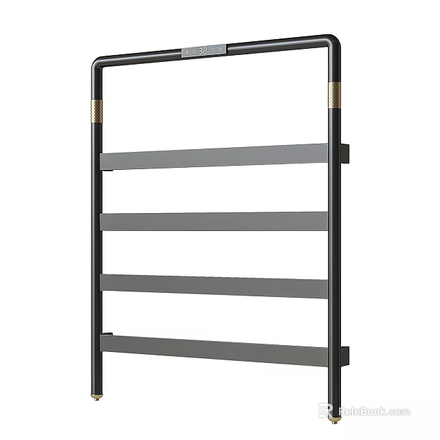 Modern Bathroom Towel Rack With Black Metal Frame Gold Accents And Multiple Shelves 3d model 