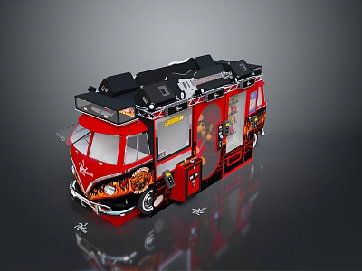 Stylish Red Food Truck with Flame Design Serving Delicious Mobile Food 3d model