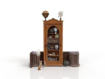 Vintage Wooden Display Cabinet With Carved Details Top Ornaments And Books Trophies 3d model