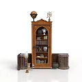 Vintage Wooden Display Cabinet With Carved Details Top Ornaments And Books Trophies