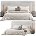Double Bed with Upholstered Headboard and White Gray Pillows on Neutral Bedspread beside Nightstand