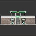 Gas Station Building Featuring Green Solar Panel Roof Red Brick Walls And Fuel Pumps