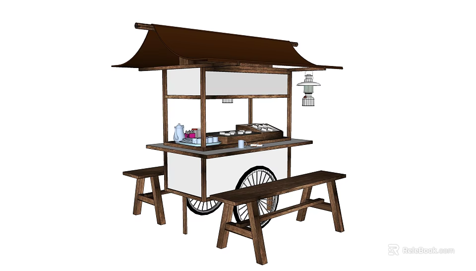 Traditional Wooden Street Food Cart With Canopy Wheels And Benches 3d model 