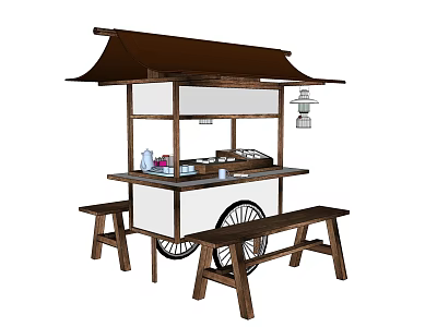 Traditional Wooden Street Food Cart With Canopy Wheels And Benches 3d model