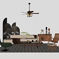 Stylish Sofa and Coffee Table Set with Green Accent Chair Wooden Rocker and Flamingo Decor